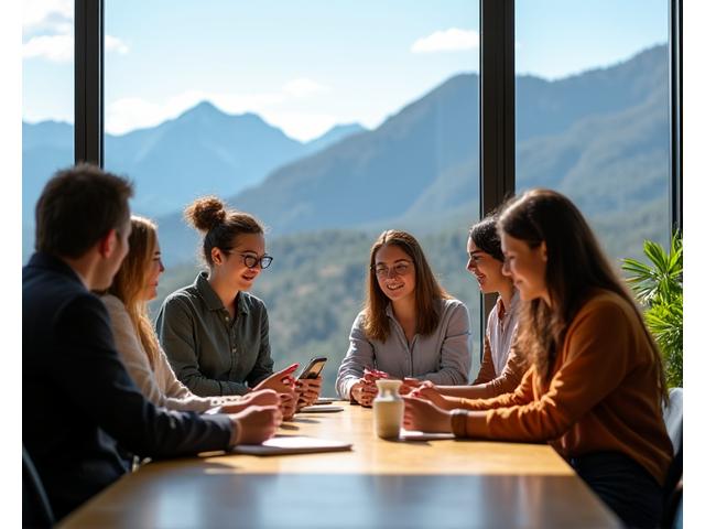Team collaborating in a serene mountain setting, symbolizing holistic wellness and growth amidst Colorado peaks.