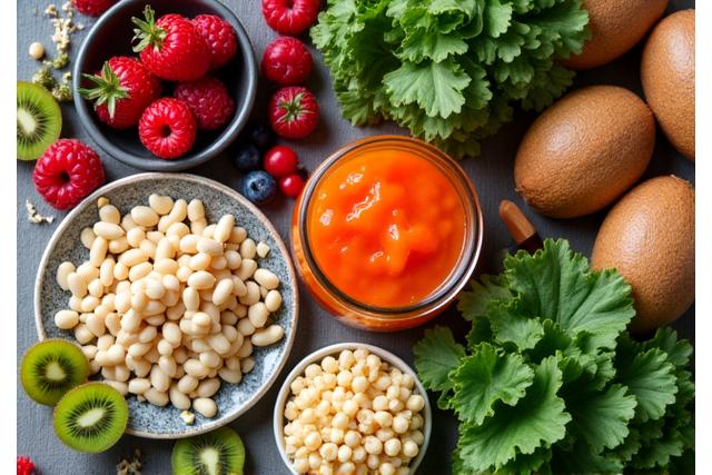 Healthy food ingredients and probiotics, symbolizing gut health.