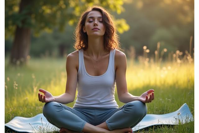 A person meditating in a peaceful, natural setting, illustrating mindfulness.
