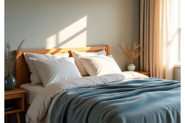 A serene bedroom with soft lighting, symbolizing good sleep quality.