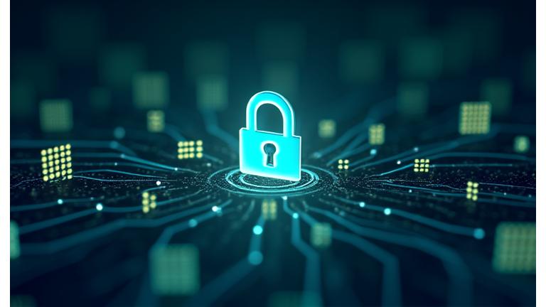 Image abstractly representing data encryption and digital protection with secure server icons and a padlock, set against a subtle tech background.